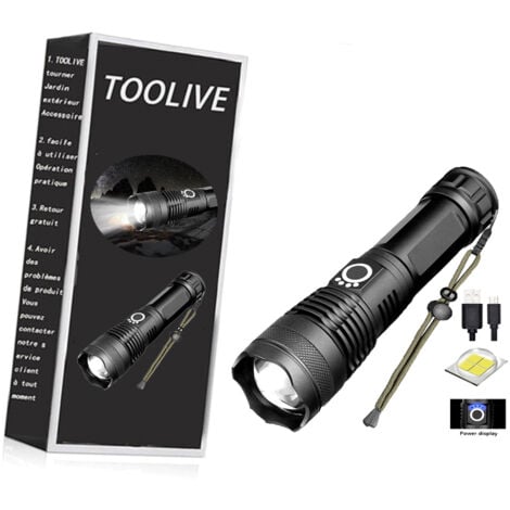 DECKON 12.000 Lumen, ultrastarke LED-Taschenlampe, USB wiederaufladbar, XHP70.2 Taschenlampe, Hochleistungs-Taschenlampe, IPX65 wasserdicht, mit 5.000 mAh Akku für Camping, Outdoor-Aktivitäten