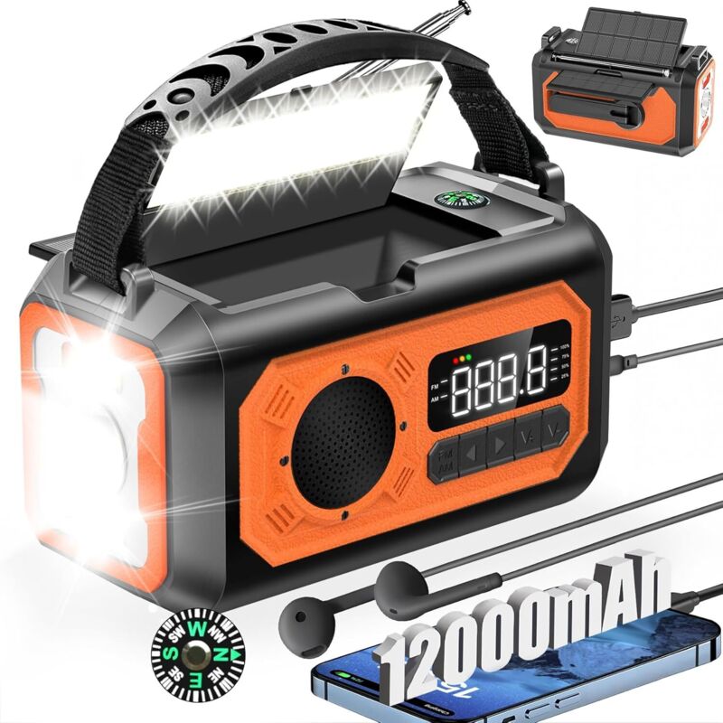 12000mAh AM/FM Radio Solaire avec Manivelle, 2 Panneaux Solaires, Câble USB,3 Méthodes de Chargement,Alarme SOS,Lampe de Poche,Chargeur de Téléphone,
