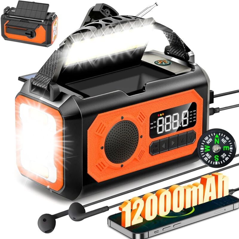 12000mAh Radio Portable d'urgence, Wholede Radio à Manivelle, Radio Solaire avec 2 Panneaux Solaires, AM/FM Radio avec Prise Casque pour Camping en
