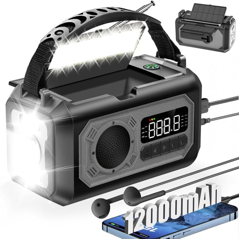 12000mAh Solaire Radio à Manivelle,AM/FM Radio Portable avec Chargeur de Téléphone, 2 Panneaux Solaires,Alarme SOS,Lampe de Poche pour Camping,