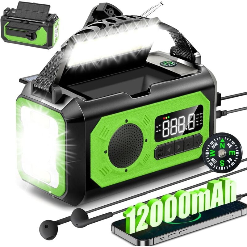 12000mAh Solaire Radio à Manivelle,AM/FM Radio Portable avec Chargeur de Téléphone, 2 Panneaux Solaires,Alarme SOS,Lampe de Poche pour Camping,