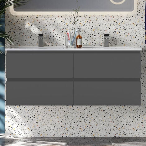 1200MM Anthracite MDF material High Gloss Vanity UnitгмWall Mountedгм4 Double-DrawerгмDetachableгмSoft closed + White Thin Ceramic Basin