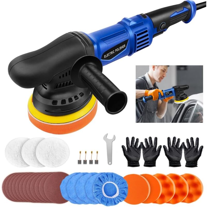 1200W Machine à Polir - Polisseuse Voiture Orbitale - Polisseuse 125mm Double Action - avec 8 Polissage Pad, 12 Papier de Verre, 5 Chapeau de