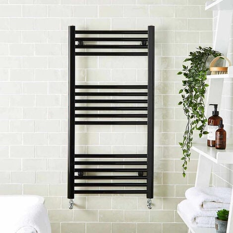 FNX BATHROOMS 1200x600mm Matt Black Heated Towel Warmer Ladder Rail Radiator - Straight