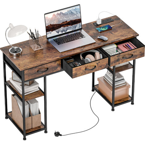 120cm Computer Desk with Power Outlets, Office Desk Study Table with Fabric Drawers and Storage Shelves, Rustic Brown