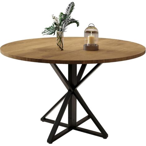 120CM Table à Manger Ronde en Bois pour 4-6 Personnes, Piétement Métal Solide,  pour Cuisine, Salle à Manger, Salon, Marron