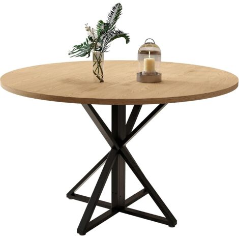 120CM Table à Manger Ronde en Bois pour 4-6 Personnes, Piétement Métal Solide,  pour Cuisine, Salle à Manger, Salon, Naturel