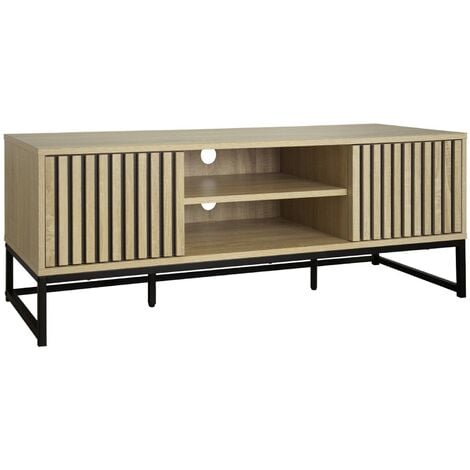 SWEEEK 120cm TV unit grooved wooden effect and metal 2 doors, Lisbonne, Natural, 120x40x42 cm