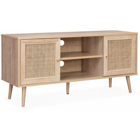 120cm TV unit wooden and cane effect 2 doors, Boheme, Natural, 120x39x56.5 cm