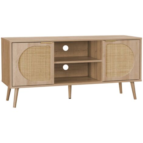 120cm TV unit woodenn effect rounded cane rattan 2 doors, Eva, Natural, 120x39x56.5 cm