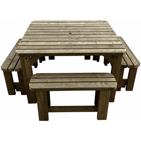 120cm x 115cm Picnic table and 4x benches set ,  rustic brown finish, Quadrum rounded edges