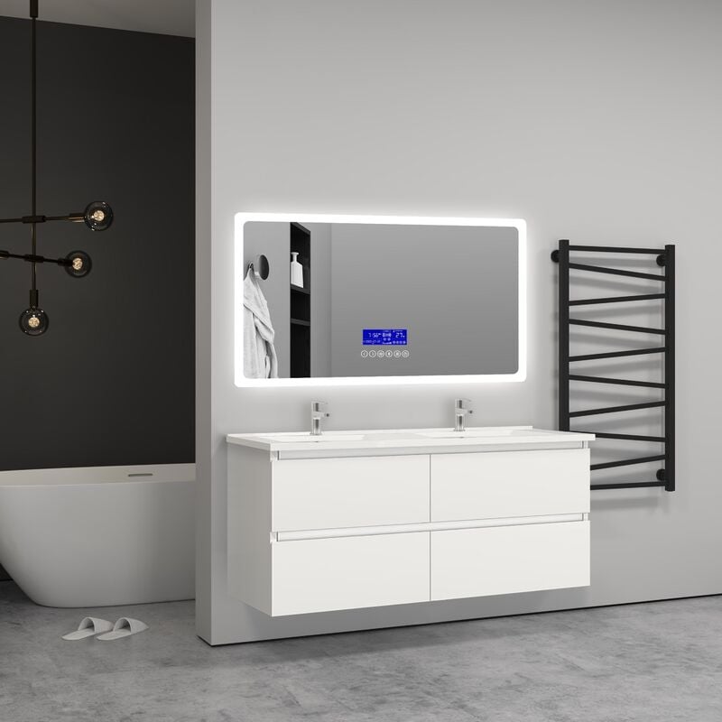 Aica Sanitaire - 120(L)x46(P)x52(H)cm Meuble salle de bain blanc avec 4 tiroirs à une fermeture amortie avec deux vasques à suspendre