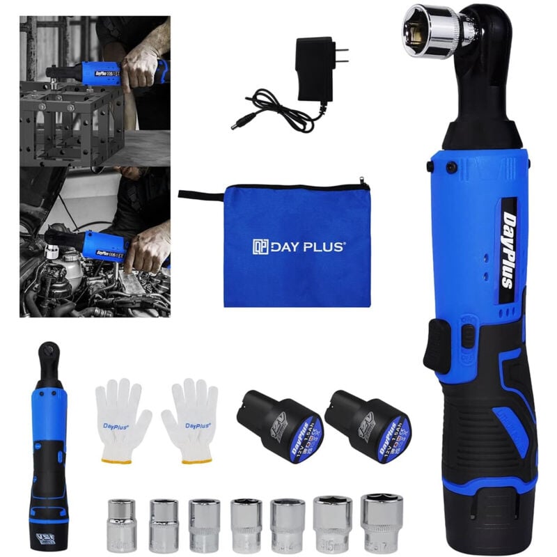 120Nm Clé à cliquet sans fil Clé à cliquet électrique 3/8 pouces à 90° 2x Batterie & Chargeur