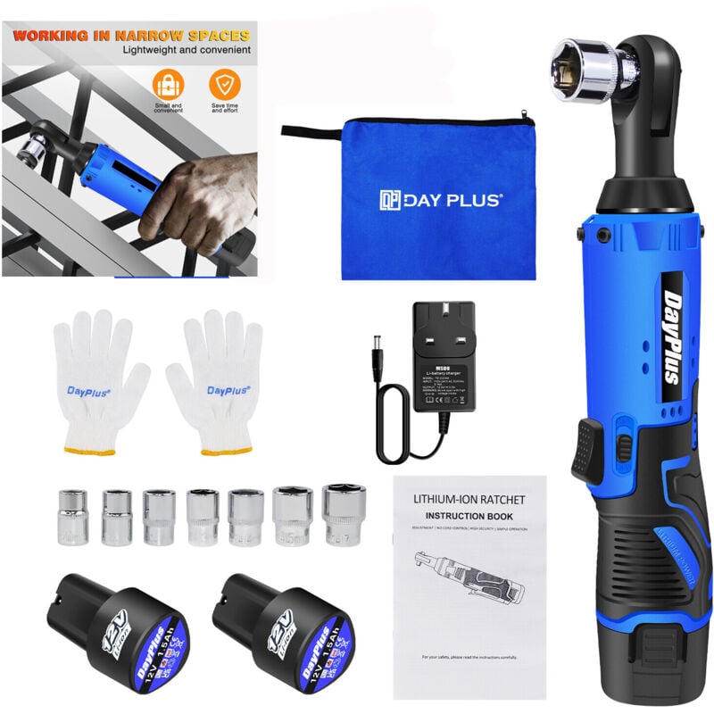Dayplus - 120Nm Clé à cliquet sans fil Clé à cliquet électrique 3/8 pouces à 90° 2xAccu