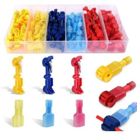 120Pcs Connecteur de fil T-Connecto rapide de cosse électrique, connecteur rapide T-Tap, Kit de connecteur terminal entièrement isolé-bleu x 40pcs,jaune x 40pcs,Rouge x 40pcs