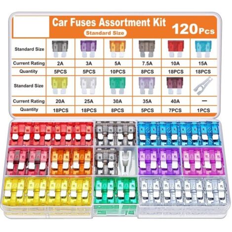120Pcs Fusible Voiture Set - pour Fusibles Auto Truck/RV/Camion/Moto (2A 3A 5A 7.5A 10A 15A 20A 25A 30A 35A 40A) - Plats Moyenne Fusibles Automobile + 1Extracteur