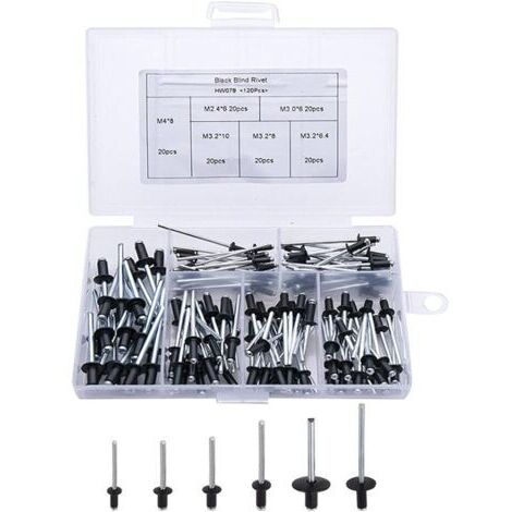 120pcs rivets noirs rivets pop rivets aveugles en aluminium rivets à bride en aluminium rivets à grande tête rivets pop noirs pour meubles assortis M2.4 M3.0 M3.2 M4