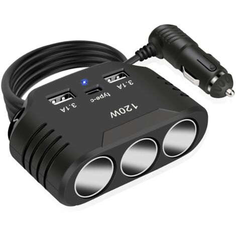 120W Car Cigarette Lighter Socket Adapter: 12V/24V Multi USB Car Socket with 3 Outlet & Type C Port USB Charger Splitter DC for iPhone Android GPS