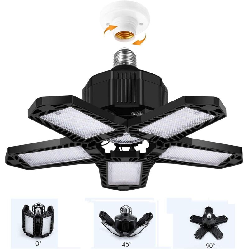 120W Lumière de Garage à Led Déformable 5 Panneaux, E27/E26 Base Universelle Led Garage Atelier Plafond Lueur 8000LM Éclairage de Garage à LED pour