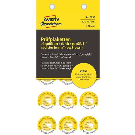 120x Prüfplaketten Geprüft am/durch/gem.§/Termin 2018-2023 20mm Gelb Vinyl