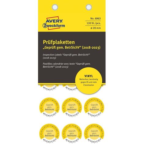 120x Prüfplaketten Geprüft gem. BetrSichV 2018-2023 20mm Gelb Vinyl