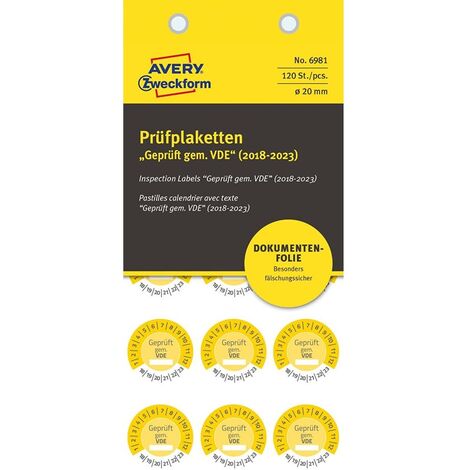 120x Prüfplaketten Geprüft gem. VDE 2018-2023 20mm Gelb Folie