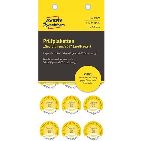120x Prüfplaketten Geprüft gem. VDE 2018-2023 20mm Gelb Vinyl