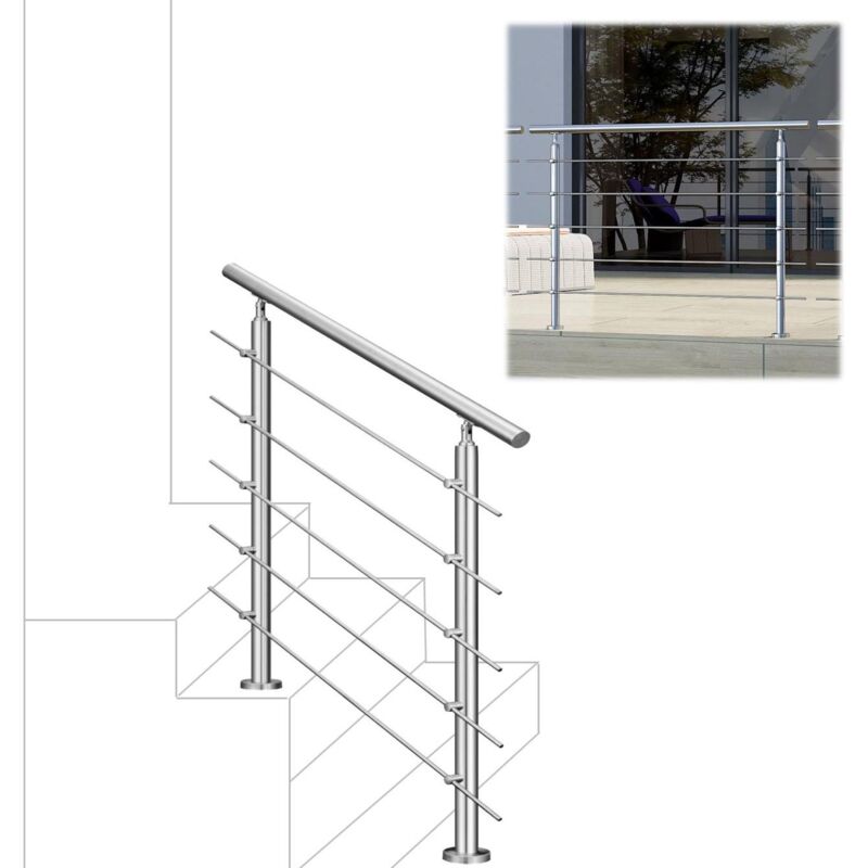 120x106cm quality 304 Stainless Steel Handrail with 5 Crossbars Balustrade Stairs