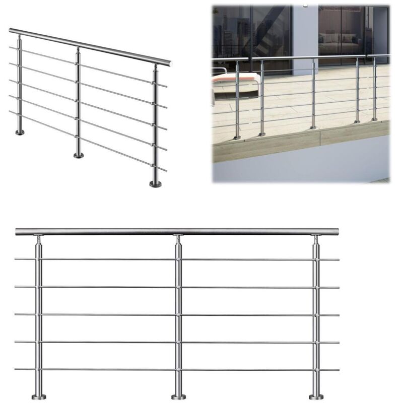 200x106cm quality 304 Stainless Steel Handrail with 5 Crossbars Balustrade Stairs
