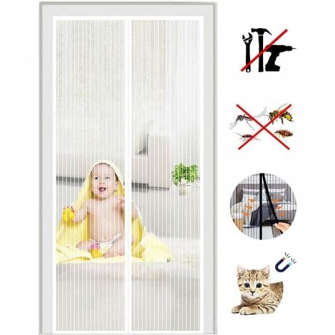 120x210CM Blanc Moustiquaire Porte à Fermeture Aimantée Rideau de Porte Anti Mouche Fermeture Auto Kit d'Installation Bande Adhésive