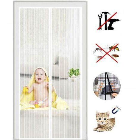120x210CM Blanc Moustiquaire Porte à Fermeture Aimantée Rideau de Porte Anti Mouche Fermeture Auto Kit d'Installation Bande Adhésive