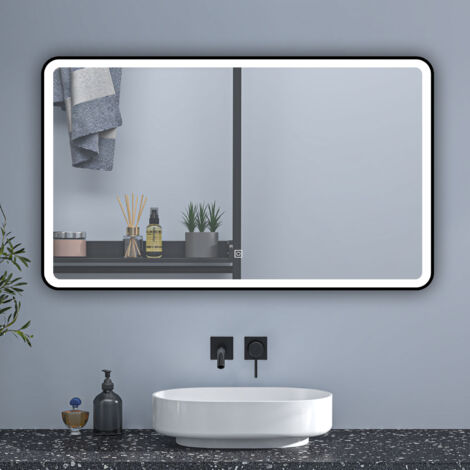 120x70cm Illuminated Bathroom Anti-fog Mirror with Adjustable 3-Colour LED Light and Black Matel Frame,Touch Switch - Memory Function