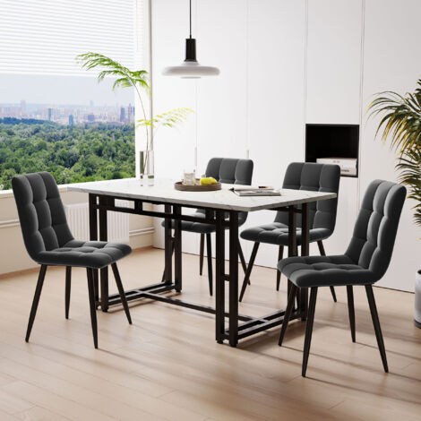 120x70cm Schwarz Esstisch mit 4 Stühlen Set,Moderne Küche Esstisch Set, Dunkelgrauer Leinen Esszimmerstuhl, Schwarz Eisen Beintisch OKWISH