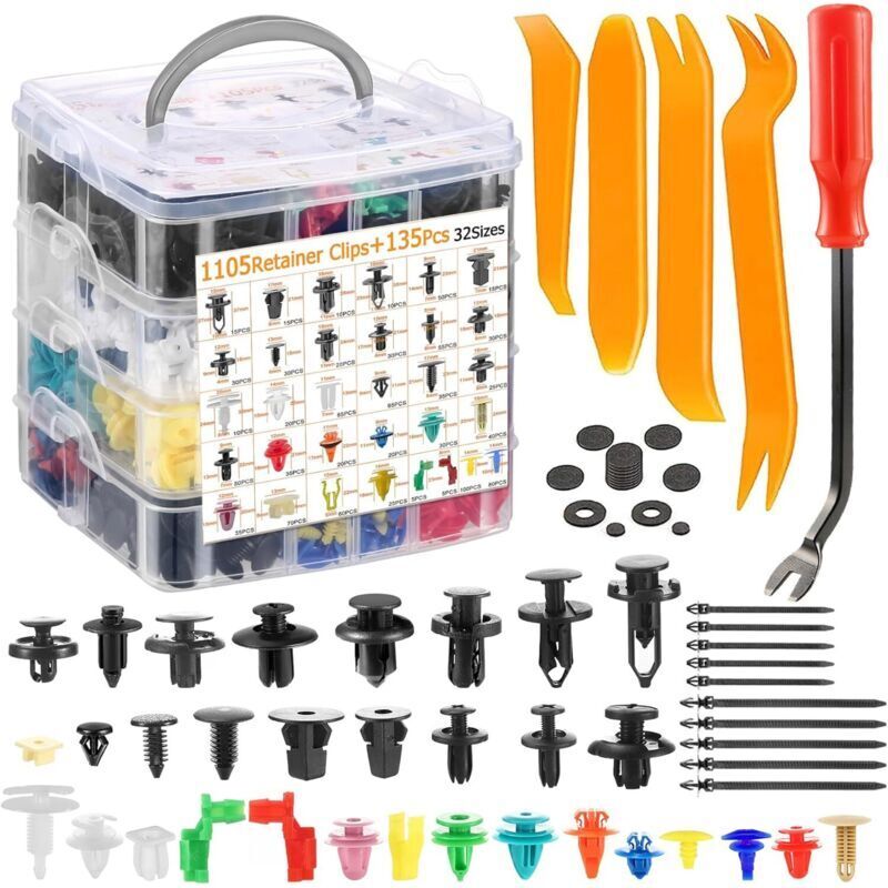 1240PCS Car Clips, 32 Size Rivet Clips, Universal Plastic Fastener Clips with Removal Tool and Cable Ties for Car Door Panels and Bumpers
