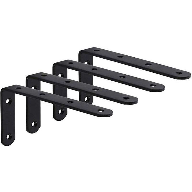 (125 x 75 x 3mm, 4 pieces, black) Wall Shelf Bracket with Screws, L-Shaped Wall Shelf Support, Fixing Bracket for Decorative Shelves in Kitchens,
