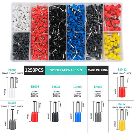 1250PCS Connettore terminale filo 0,5-10mm² 8 dimensioni Terminali con puntale Kit connettore Cablaggio Tappo terminale per moto elettrica fai da te