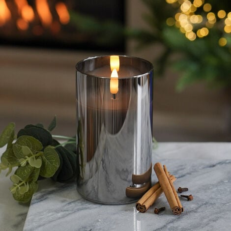 12.5cm Battery Power Real Wax Authentic Flame LED Candle Grey Smoked Glass  Indoor Home Bedroom Decoration Flameless Flickering