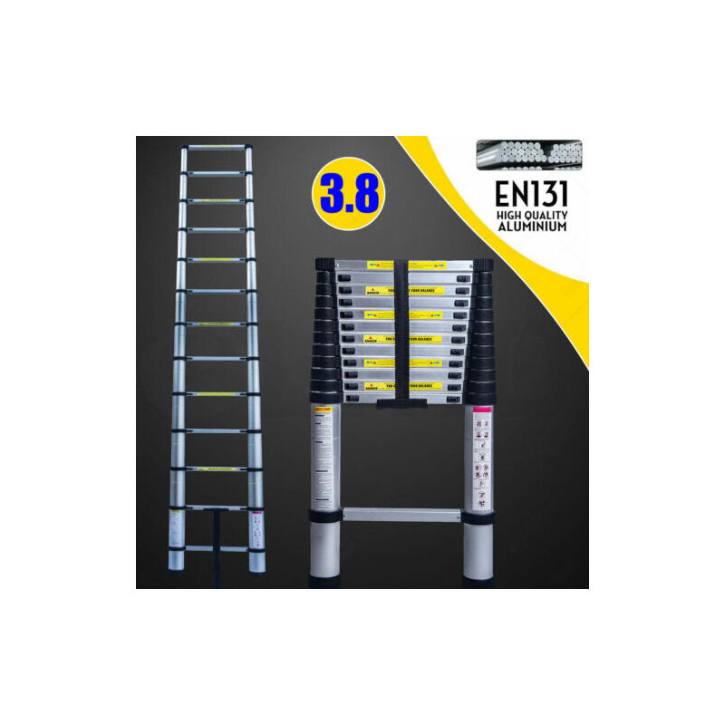 12.5ft (3.8m) Telescoping Ladder Climb Home Builders Attic Loft Work Place Extendable Collapsible Lightweight, 150kg (330lb) 13 Steps