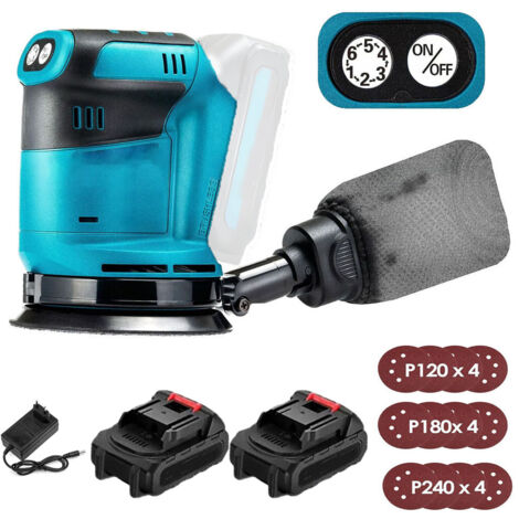 125mm Cordless Electric Orbital Sander, Brushless, 6 Speed, Quick-Fit Dust Bag & 12 Discs, with 2 x 3.0A Batteries & Charger, Compatible with Makita Battery