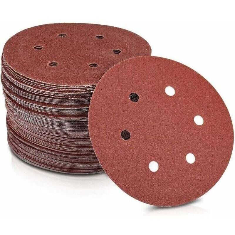 125mm diameter paper sanding discs, 240 grit, 6 holes, red. Sandpaper for plasterboard sanders and long-neck sanders. Pack of 50 discs.