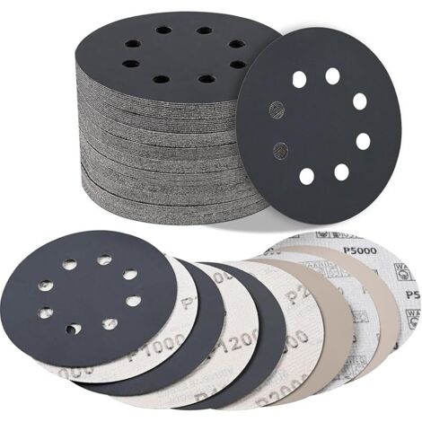 125mm Disques de Ponçage, 25 Disques Papier Abrasifs au carbure de silicium 8 trous Abrasifs de Ponçage Ponceuse tampons ponçage Grains 1000/1200/2000/3000/5000 pour Poncer Polir