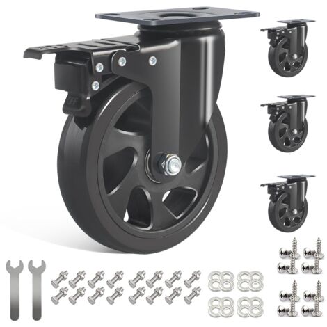 125mm Swivel Castors 4 Heavy Load 800kg Double Ball Bearing PU Wheels with Brakes