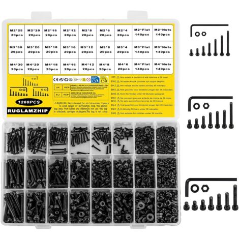 1260 pièces vis m2 m3 m4, boulons à tête cylindrique, écrous et rondelles, acier au carbone noir, kit assorti pour bricolage, meubles, réparation auto