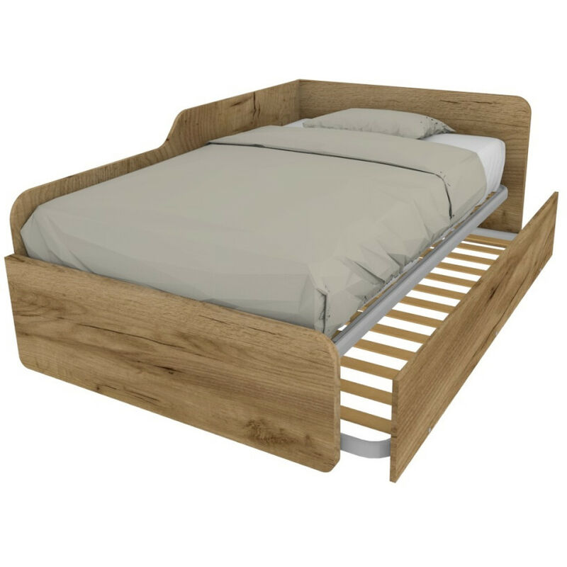 Canapé-lit double 120x190 avec dossier et deuxième lit extractible - chêne