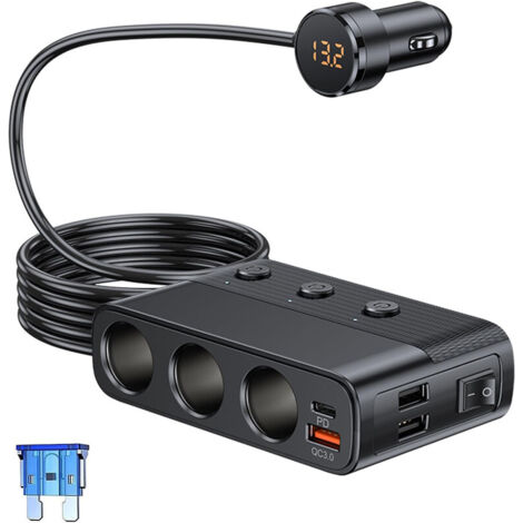 127W Adaptateur de Prise Allume-Cigare 3 Prises/USB QC 3.0 /PD/Dual USB,12V/24V Multiprise de Voiture de Allume Cigare avec Interrupteur Individuel et Voltmètre LED