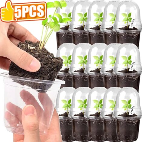 (12,8 cm - 5 pièces) 5 pots de pépinière transparents en plastique pour semis de fleurs et plantes, avec couvercle et dôme d'humidité.