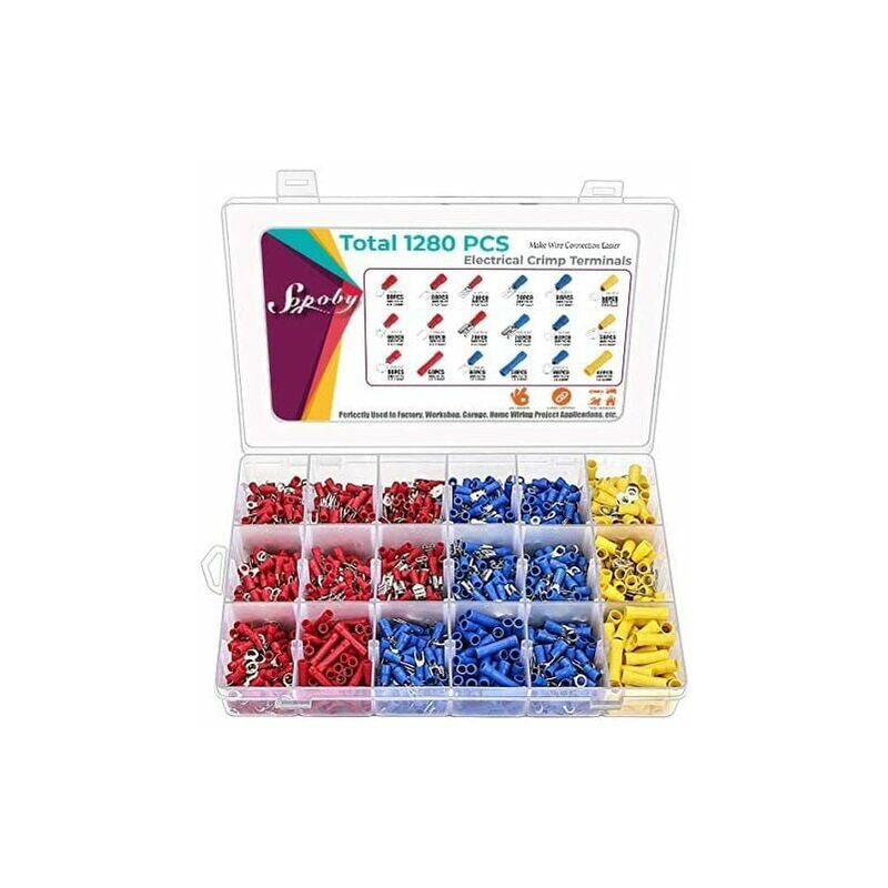 1280 pcs Assortment Crimp Insulated Terminals Electrical Crimp Connector Set Round Flat Electrical Insulated Lug Connector Insulated Electrical Cable
