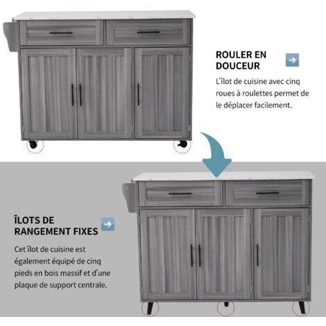 129 x 46 (71) x 91,5 (95) cm. Couchette de repas / Meuble de rangement sur le côté du repas. Carrelage en marbre blanc et meuble en bois de couleur kaki-gris.