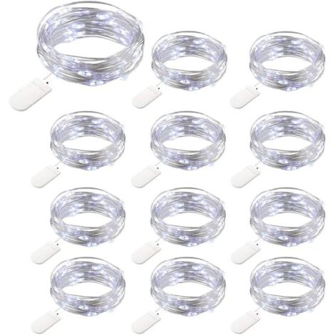 12er-Pack batteriebetriebene Lichterkette, 20 LEDs, 2 m Kupferkabel, IP65 wasserdicht, silberfarbenes, kaltweißes Kabel, stimmungsvolle Beleuchtung