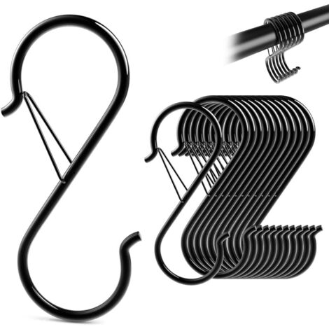 12er-Pack S-Haken mit Sicherheitsschnallen, 9 cm lange Anti-Fall-Haken aus Edelstahl für Utensilien und Kleiderstangen, Badetücher, Schwarz